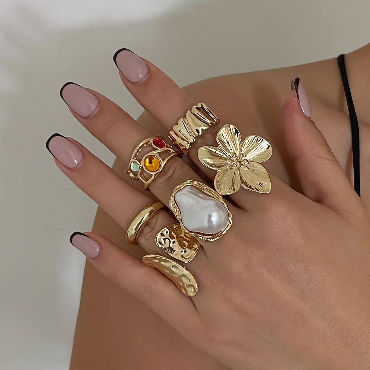 Metal Flower Pearl Open Ring for Women