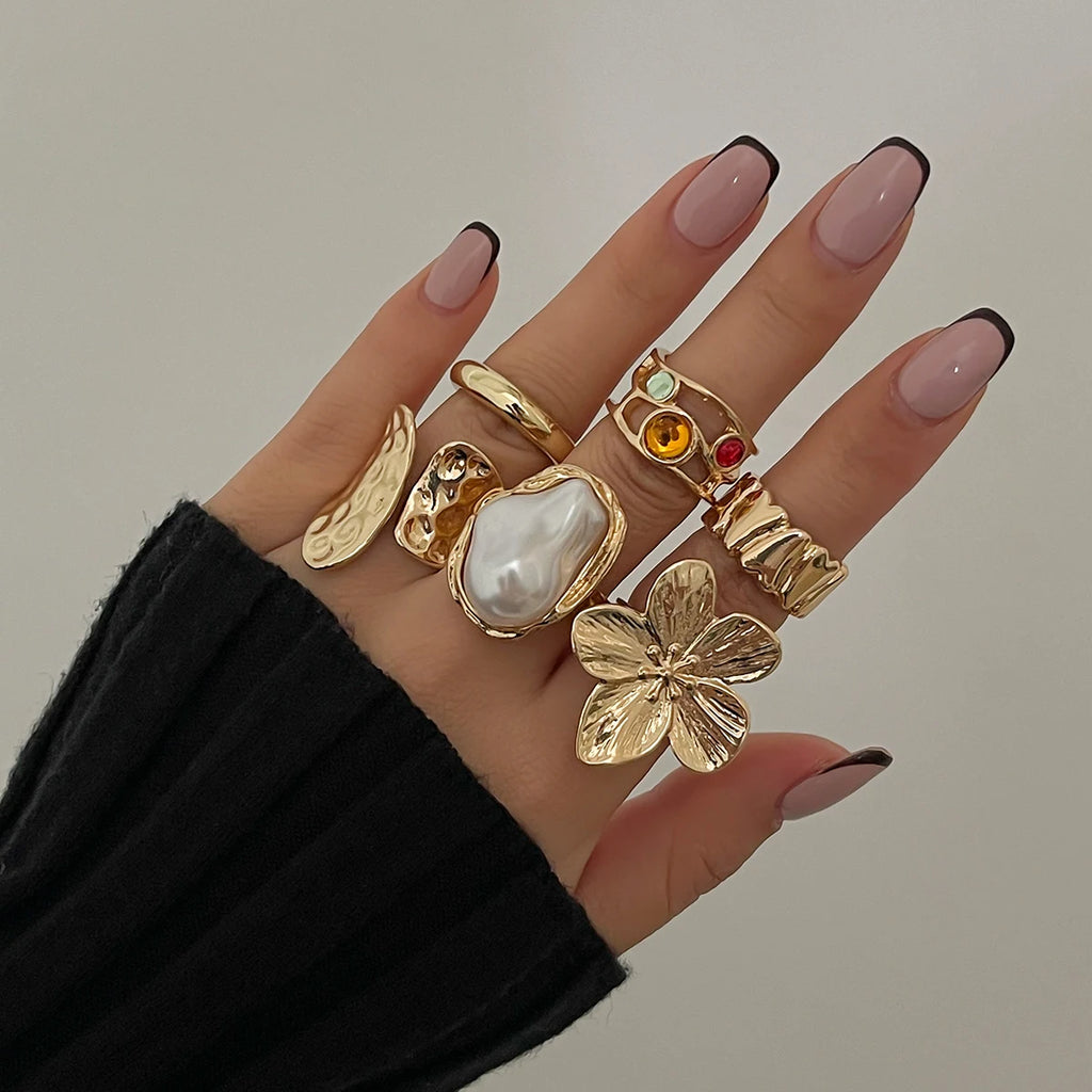 Metal Flower Pearl Open Ring for Women