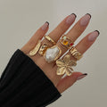 Metal Flower Pearl Open Ring for Women